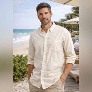 Eddie Bauer Linen Button Up Shirt Long Sleeve very light yellow Lightweight XL